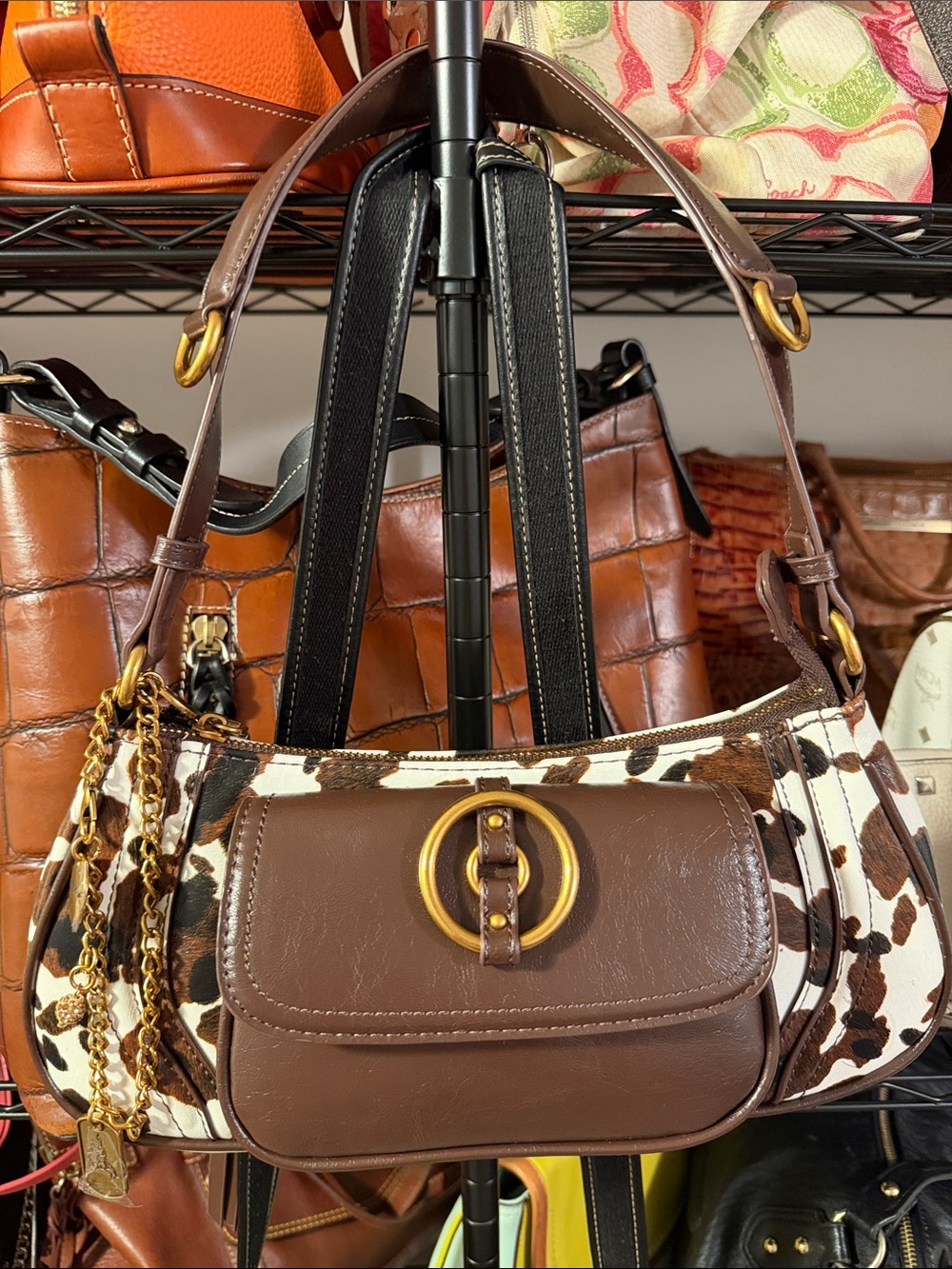 Steve Madden Brown and White Cowhide Shoulder Bag with Gold Ring Accent